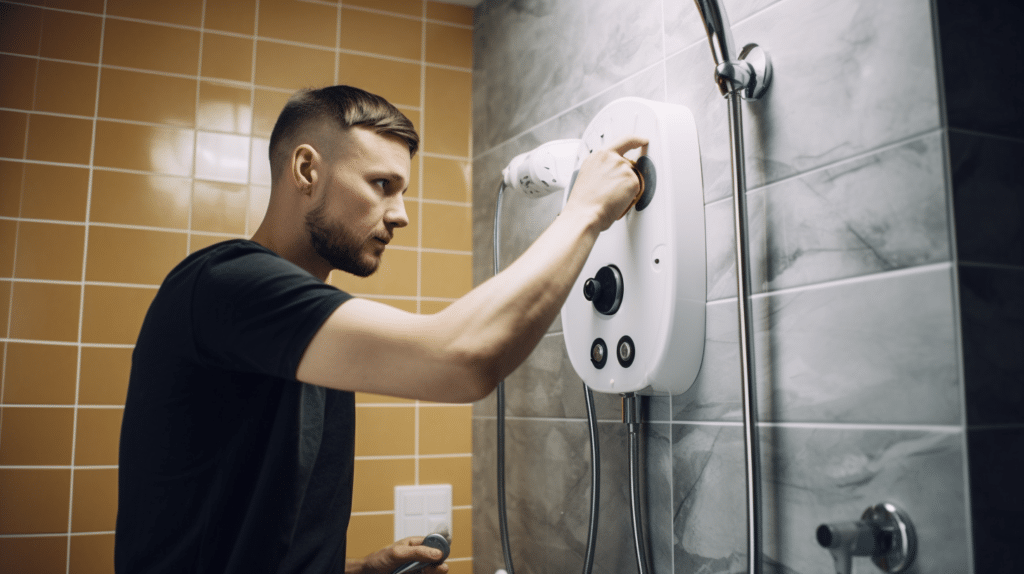 a man testing an electric shower in the bathroom