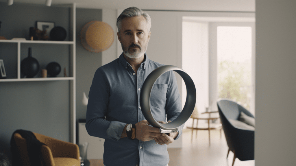 a man with white hair testing a bladeless fan
