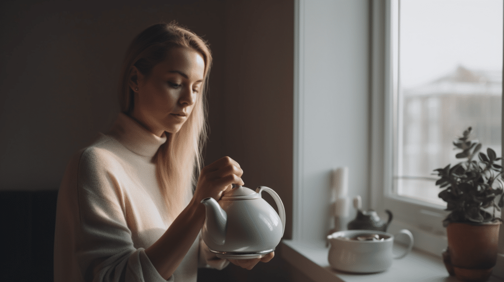 a beautiful lady testing out a teapot