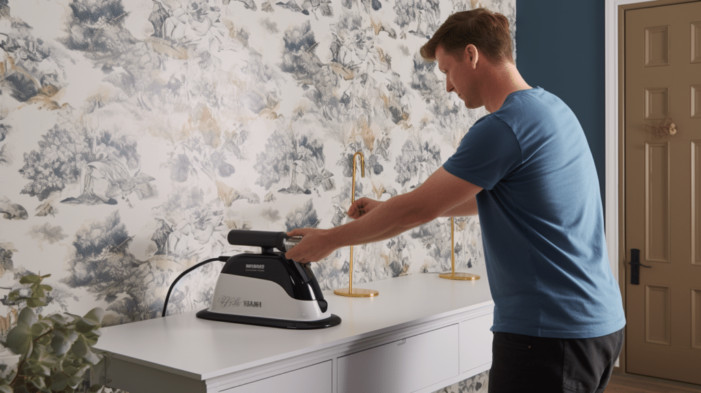 a man testing out a wallpaper stripper